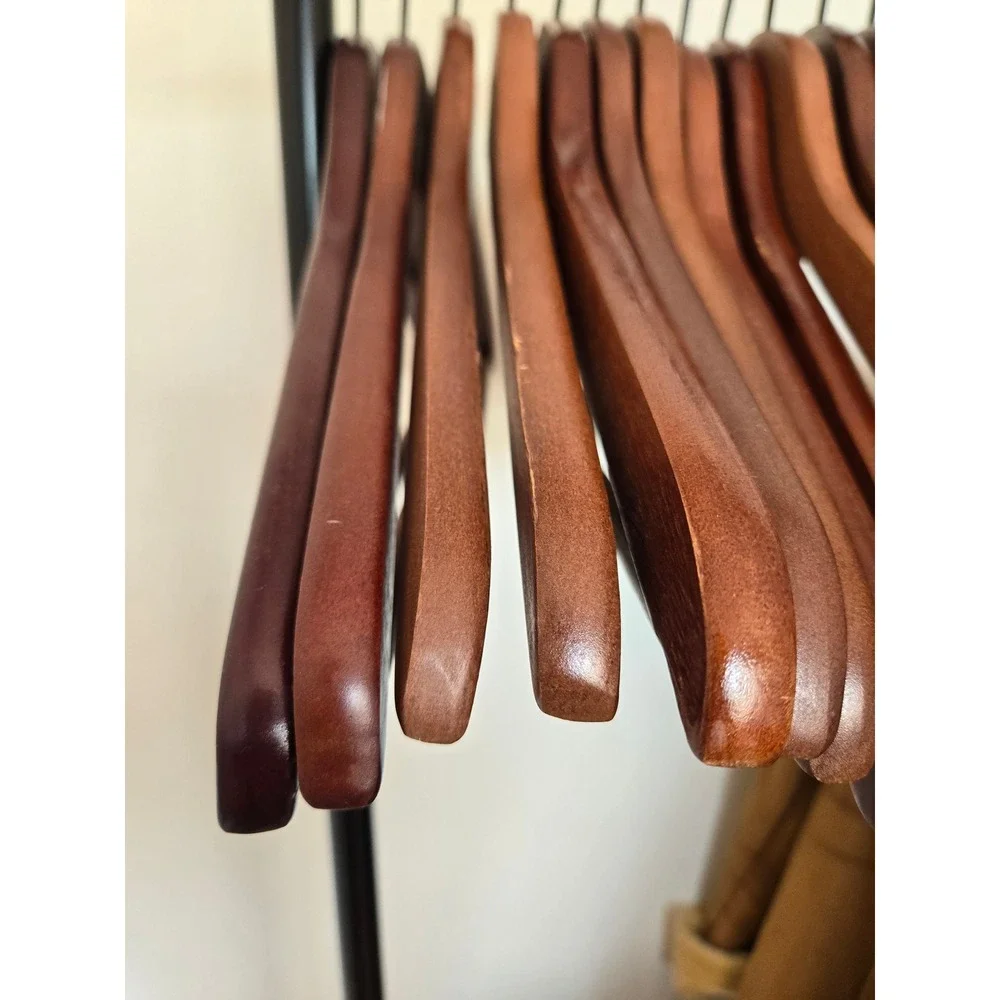 Set of 12 Mahogany Wood Hangers Black Metal Hook Contoured Shoulder Brown